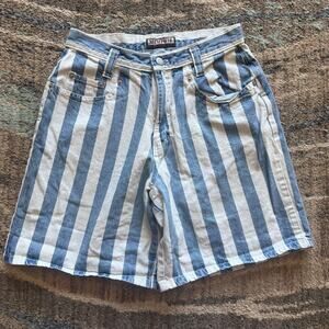 Women's Vintage 90's Memphis White Blue Jean Denim Striped Long Shorts Sz 27 x 7